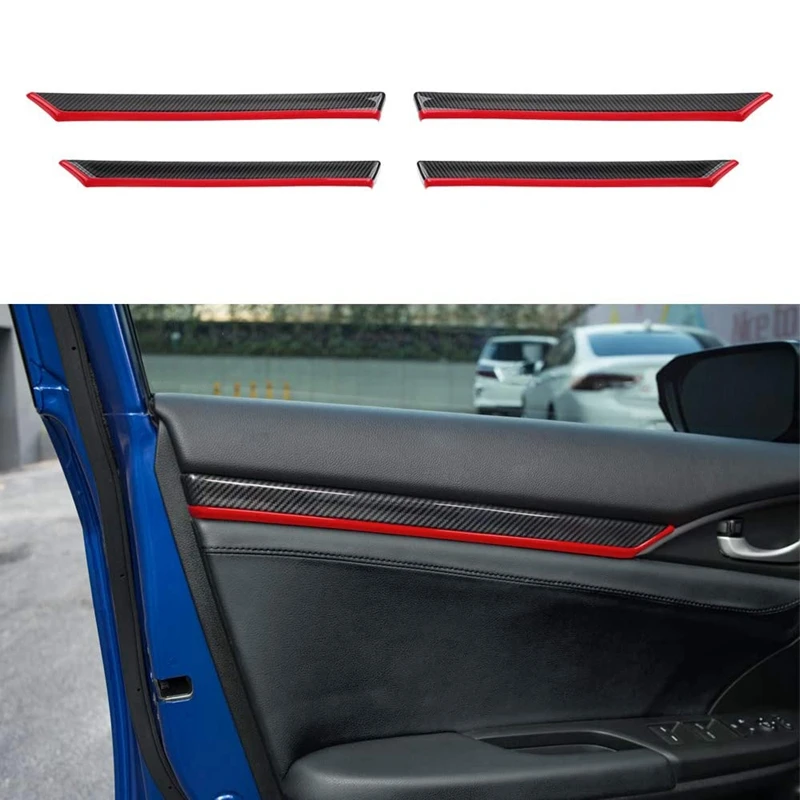 

For Honda Civic LX EX Sport 2016-2020 Carbon Fiber Inner Door Panels Strip Decoration Cover Trim (with Red Trims)