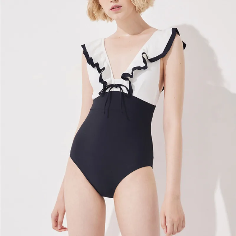 

2022Newest Women One Piece Swimsuit Patchwork Sexy Monokini Push Up Deep V Swimwear Vintage Bathing Suit Kroean Style