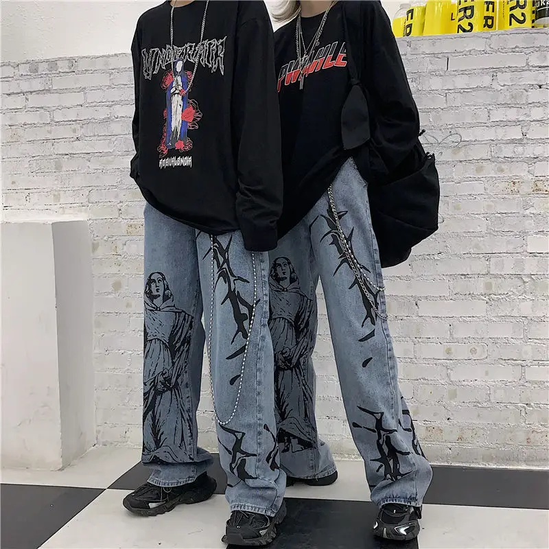

Korean version of ins Harajuku style street hip-hop printing retro washed jeans loose men and women wide-legged daddy pants tide