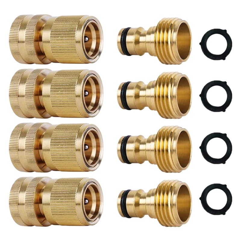 

JHD-4 Set Garden Hose Quick Connectors Brass 3/4 Inch GHT Thread Easy Connect Fittings Water Hose Male Female