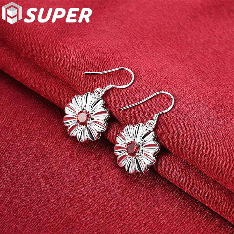 

925 Sterling Silver AAA Red Zircon Flower Drop Earrings Charm Women Jewelry Fashion Wedding Engagement Party Gift