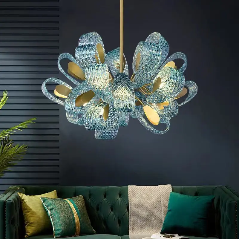 

Modern LED Art Deco Blue Peacock Leaf Copper Lamparas De Techo 2023 New Ceiling Chandelier Lustre For Living Room Staircase Lamp