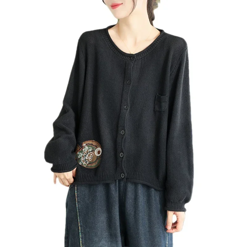 Винтажный кардиган с круглым вырезом и этнической вышивкой женский свободный