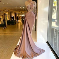 Dust Pink One-Shoulder Pleated Prom Dresses Floor-Length Sequined Appliques Halter Neck Evening Gown Custom Made Robes De Soirée