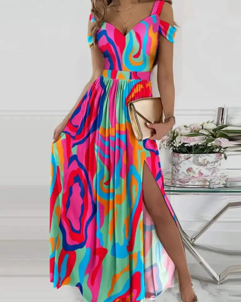 

Sexy Dresses For Women 2022 Summer Casual Vacation Party Abstract Print Cold Shoulder Short Sleeve High Slit Maxi Dress
