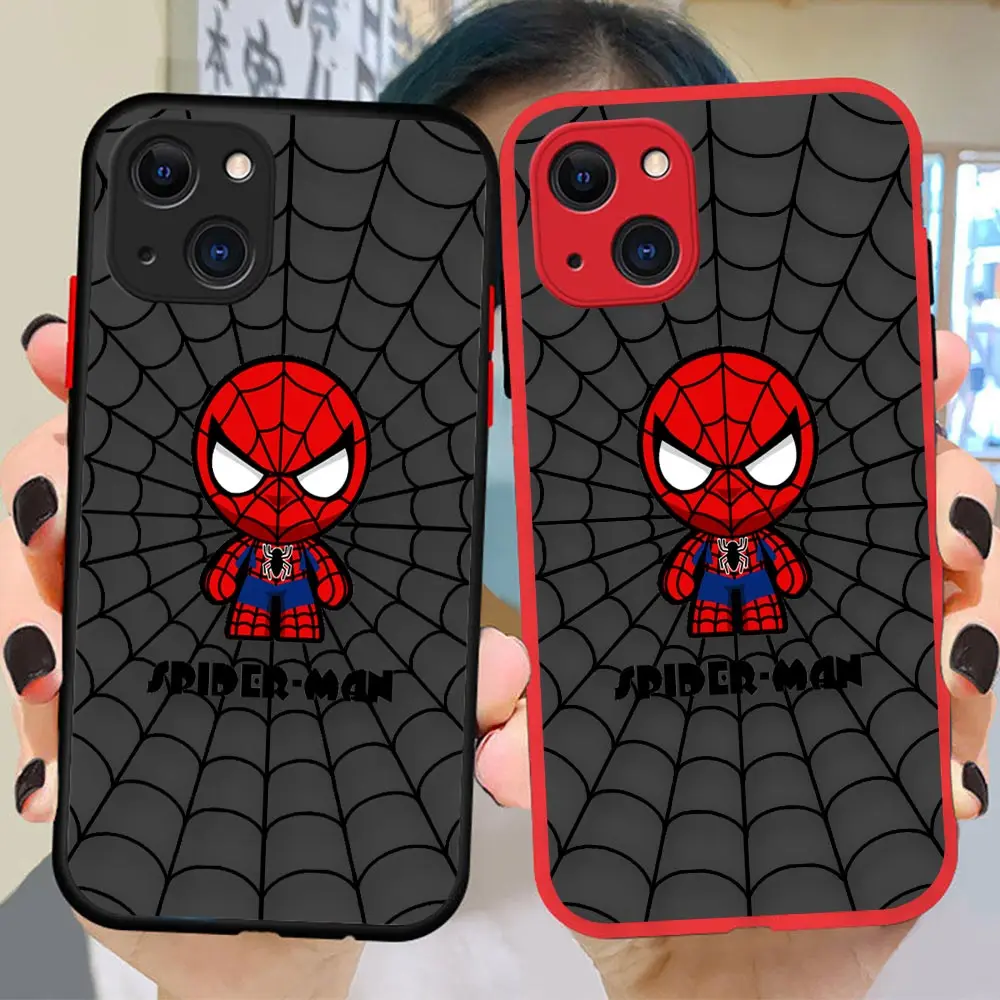 

Matte Funda Case For Apple iPhone 14 11 12 13 Pro XR XS X 6s 7 8 SE 2022 Plus Mini Max Case Cartoon Avengers Spider Web Heroes