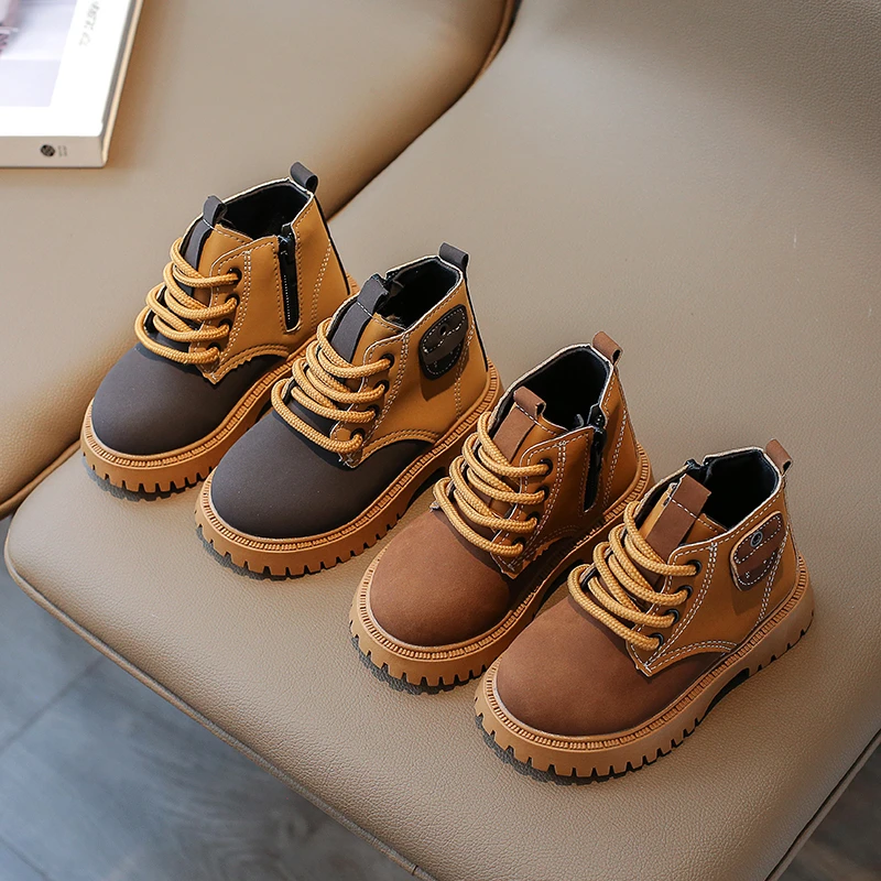

2023 New Girls Boots Fashion Versatile Soft Boys Short Boots Side Zipper Kids Shoes Drop Shipping Color Matching Retro Children