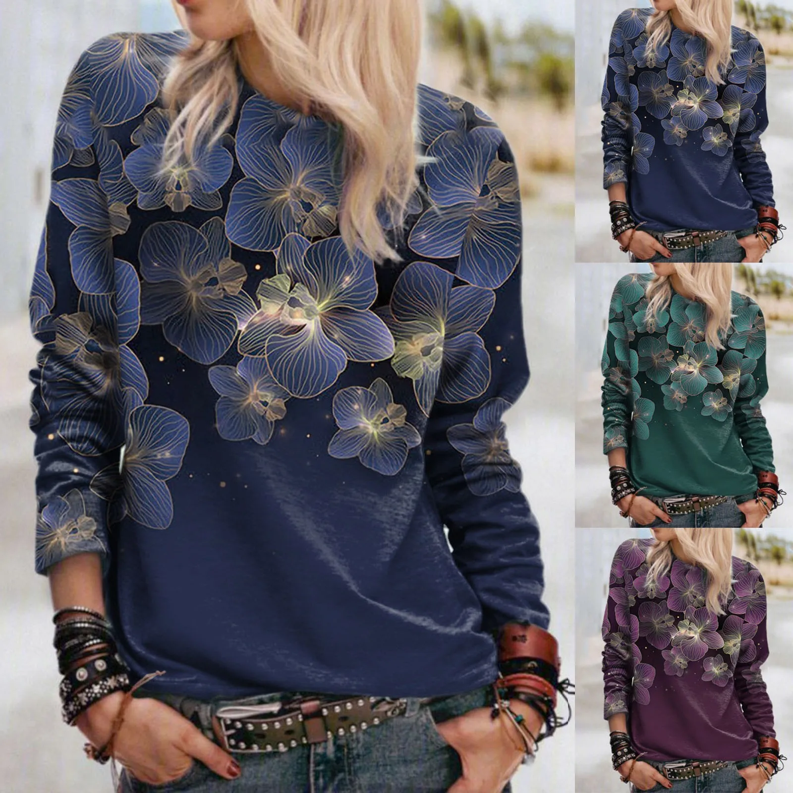 

Женская свободная толстовка на молнии с круглым вырезом, женская футболка с цветочным принтом, Повседневная футболка на выходные, Повседневная футболка с круглым вырезом и длинными рукавами
