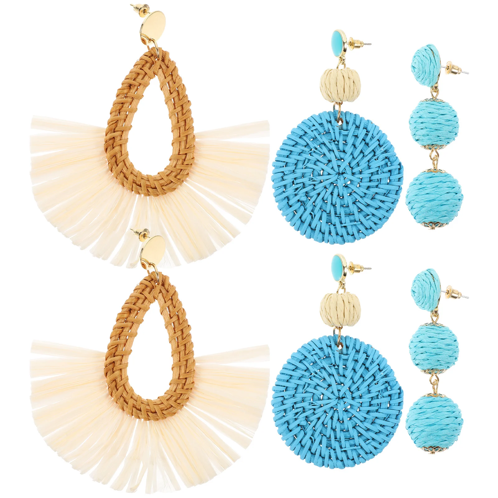 

3 Pairs Accessories Rattan Pendant Lightweight Earrings Beach Jewelry Women Summer Raffia Vacation Metal Trendy