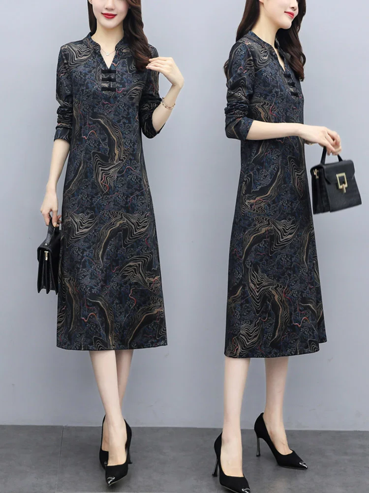 

Spring And Autumn New Improved Cheongsam Mom Dress Temperament Slimming Wide Lady Bottoming Skirt Belly-Covering And Youthful