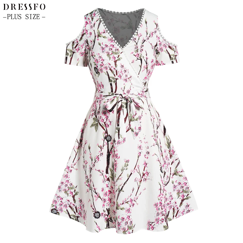 

Plus Size Dress Flower Allover Print A Line Dress Cold Shoulder Lace Trim Belted Surplice Dress