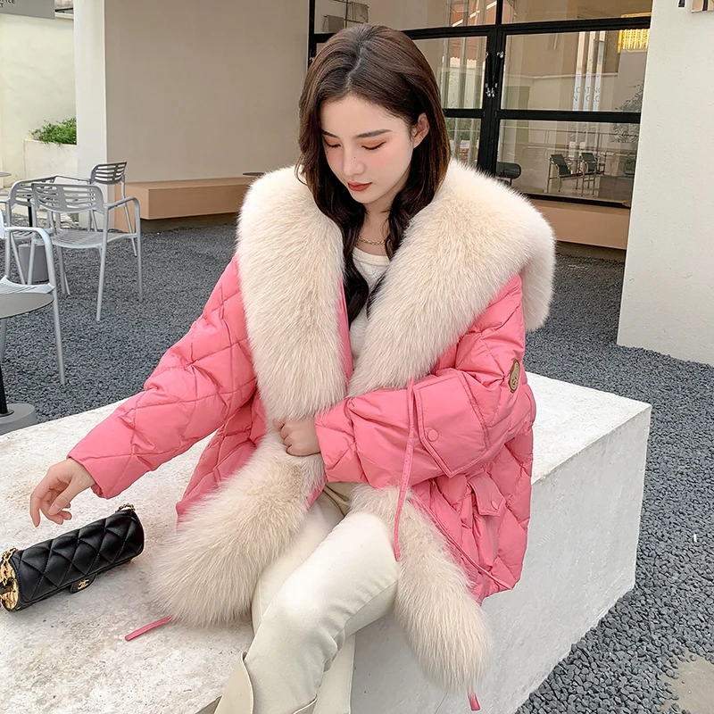 

High Quality Women's Real Fox Fur Fur Jacket 2022 New Winter Navy Collar Ladies White Duck Down Coat Female Warm Parkas Outwear