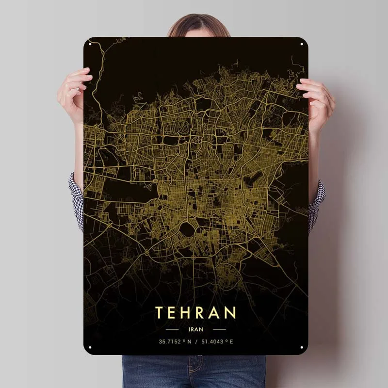 Карта города Тегеран Золотой Декор для дома жестяной металлический плакат