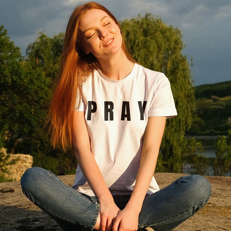 Pray Letters Printing Woman T Shirts Cotton Screen Inspired Religious Tshirt Inspirational Summer Fashion Roundneck Tee Dropship