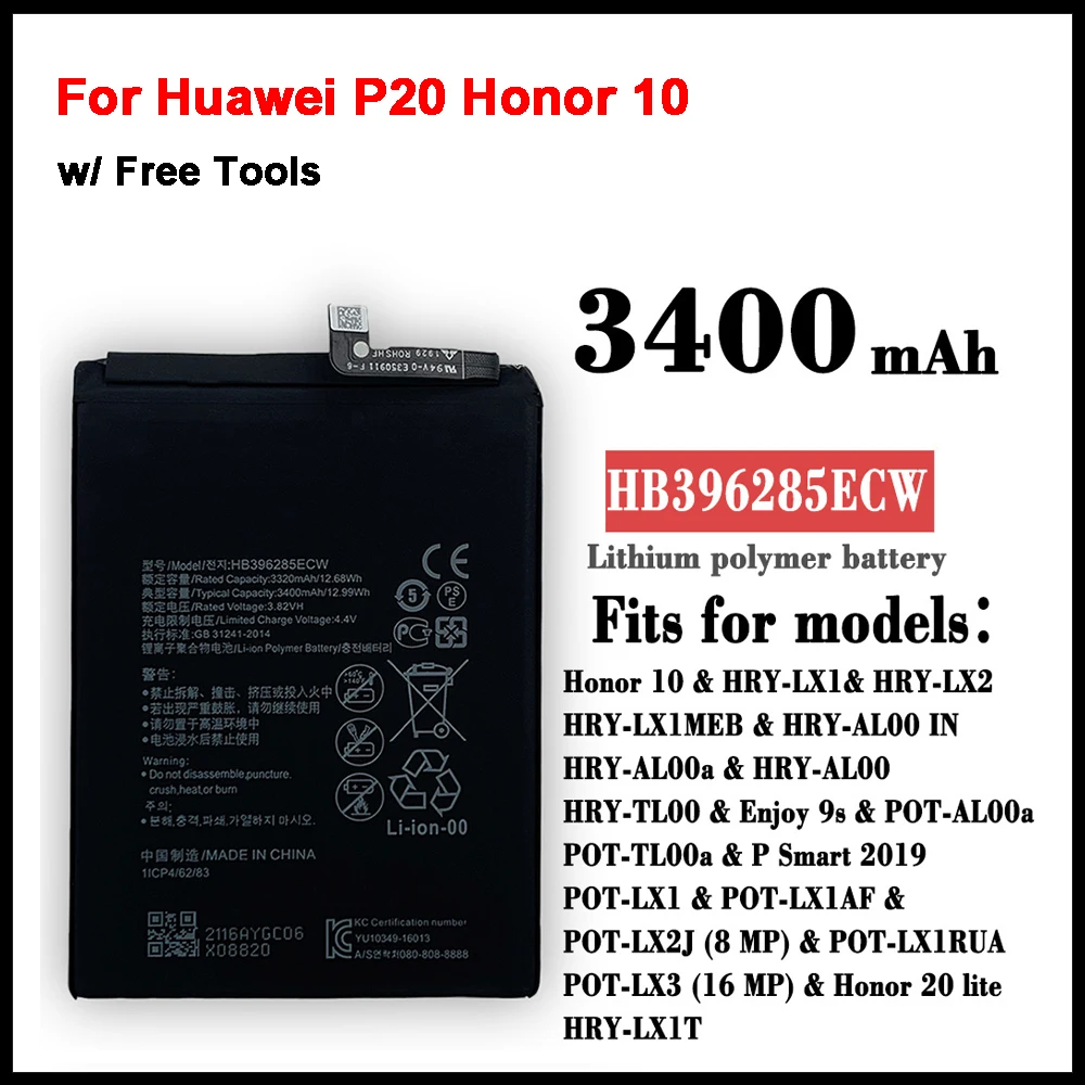 

HB396285ECW 3400mAh Battery for Huawei P20 Honor 10/Honor 10 Lite COL-AL00 COL-AL10 COL-TL00 COL-TL10 COL-L29 Batteries