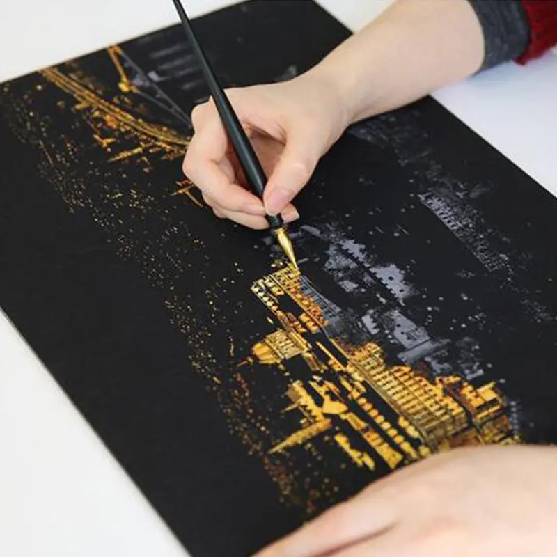 

Hot Painting Drawing Scratch Arts Set With Stick Scraper Pen Black Brush Scratch Sketch Art Papers Boards Tools DIY Gift