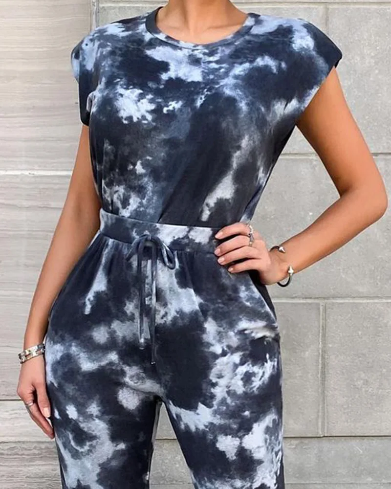 

Повседневный комплект из топа и брюк с круглым вырезом и короткими рукавами Новинка весна-лето 2022 женский свободный костюм с принтом