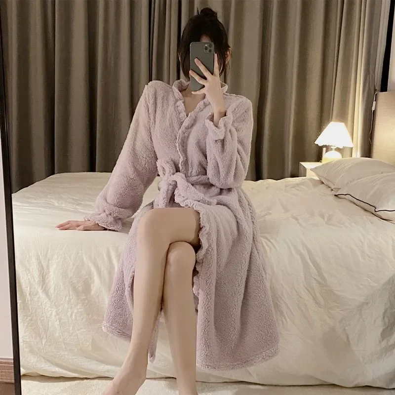 

Winter Wears for Sleepwear Fleece Nightgown 2023 Long Robe Homewear Belt Night Solid Women Nightdress Warm Sleeve Ruffles Pajama