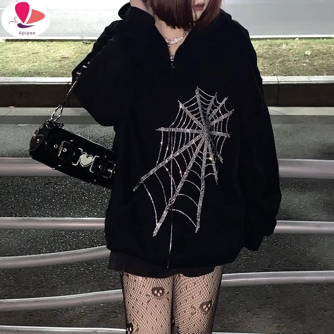 

Harajuku Outwear Zipper Sweatshirts Emo Alt Clothing Gothic Punk Spider Web Hooded Women Fairy Grunge Dark Hoodies