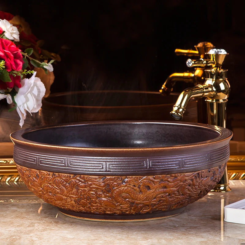 

Brown carving Art porcelain Counter top Bathroom Sink Lavabo ceramic Washbasin hand painted vessel sinks bathroom sink