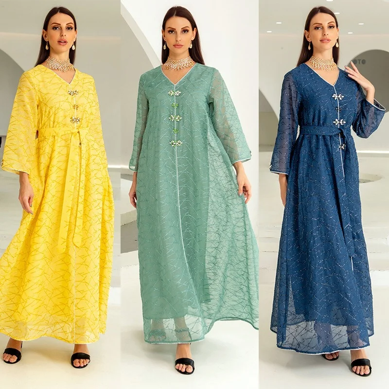 Muslim Fashion Middle East Clothing Mesh Breathable Four Seasons Abaya Handmade Beaded Dress Kaftan Femme Musulman Dubai Abaya