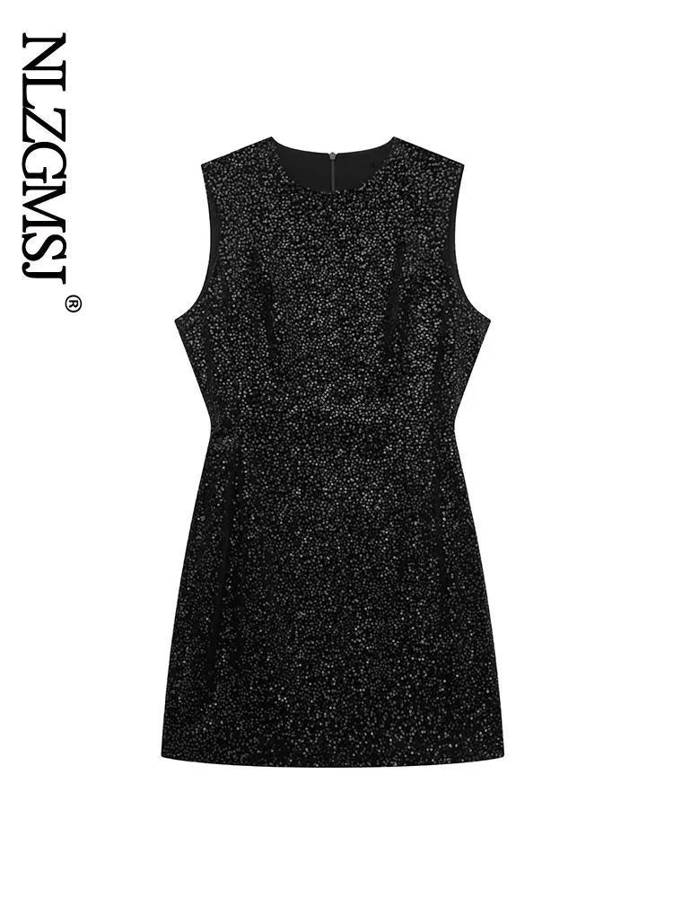 

Nlzgmsj 2022 Fashion Vintage Dress Runway Chic Round Neck Sleeveless Sequin Dresses Temperament Women