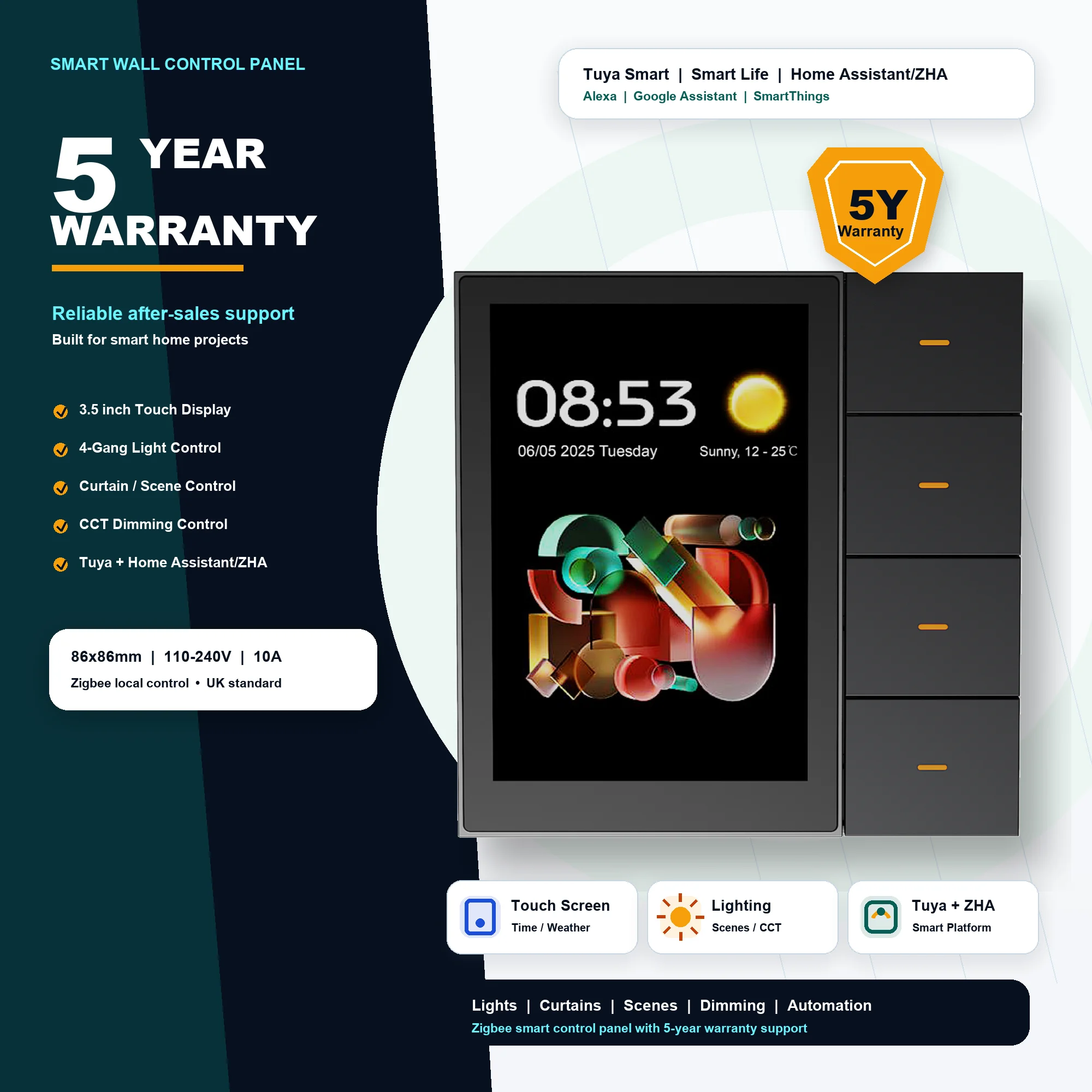 Фото Умный настенный выключатель F3 Pro Tuya Zigbee с сенсорным экраном 3,5 дюйма, 4-клавишная панель для управления освещением и сценариями, Smart Life Tuya, помощник для умного дома №1