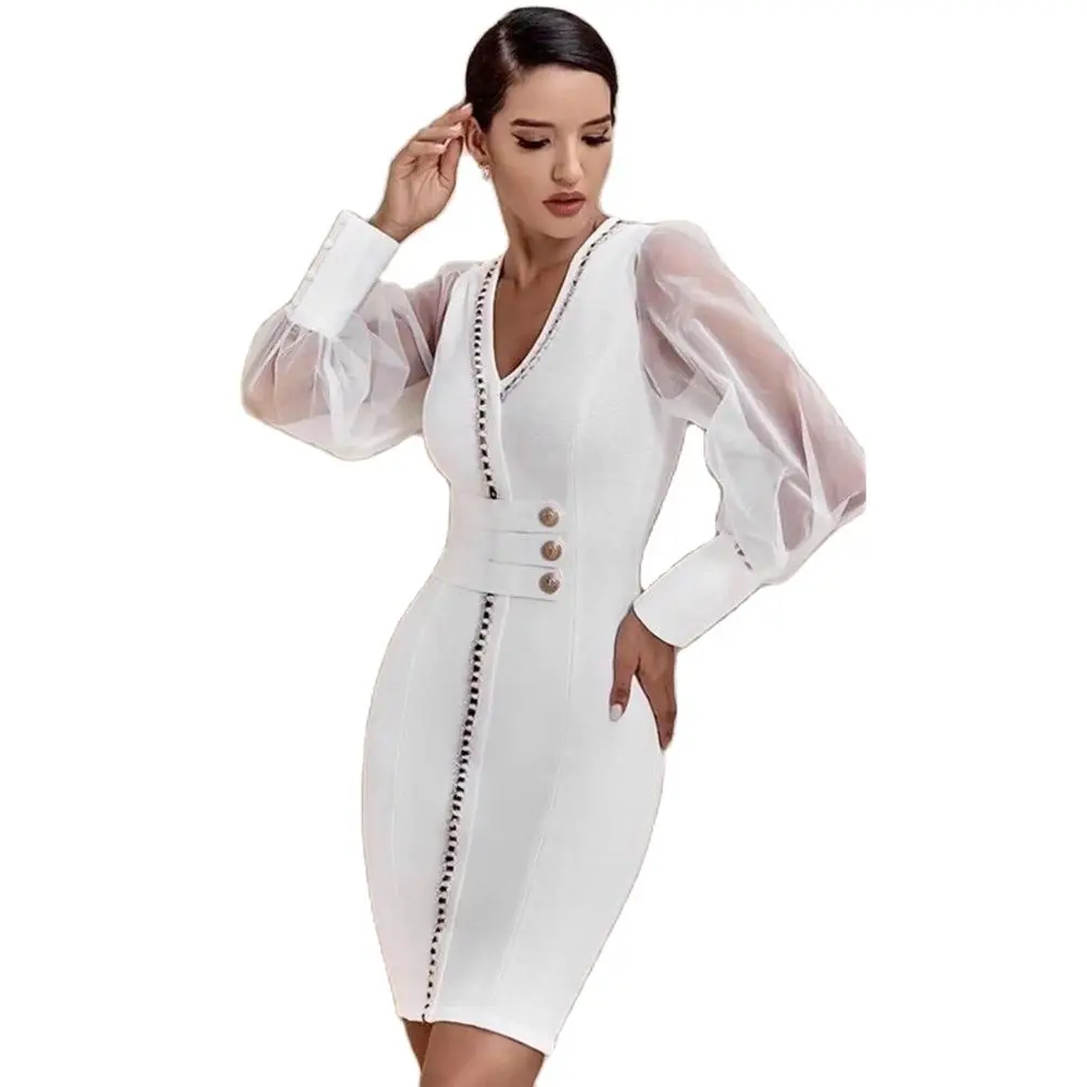 

Women Fashion Sexy Long Sleeve V Neck Lace Mesh White Bodycon Bandage Dress 2021 Elegant Evening Party Dress Vestidos