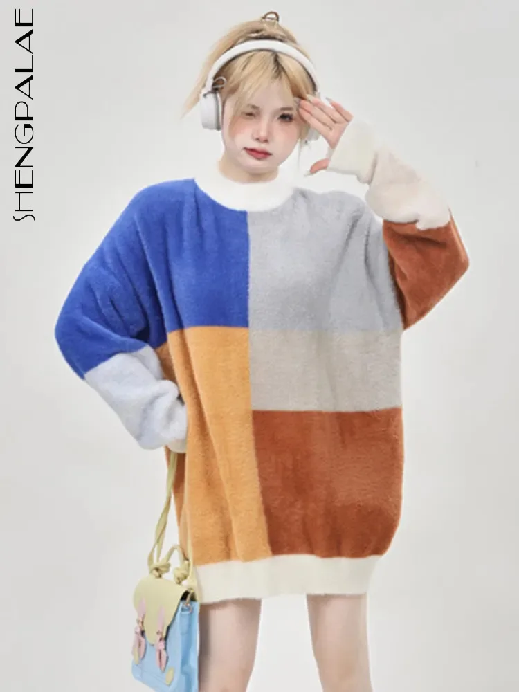 

SHENGPALAE Fashion Contrast Color Sweater For Women Autumn 2023 New Imitation Mink Hair Casual Loose Knitting Pullover 5R6976