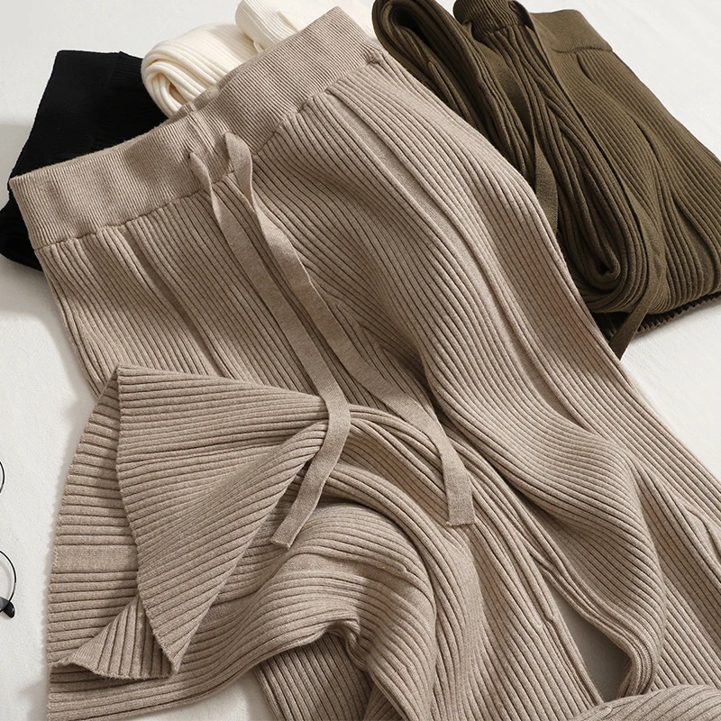 

Autumn and Winter New Casual Drawstring Elastic High Waist Straight Tube Simple and Thin Wide Leg Pants Knitted Trousers Women