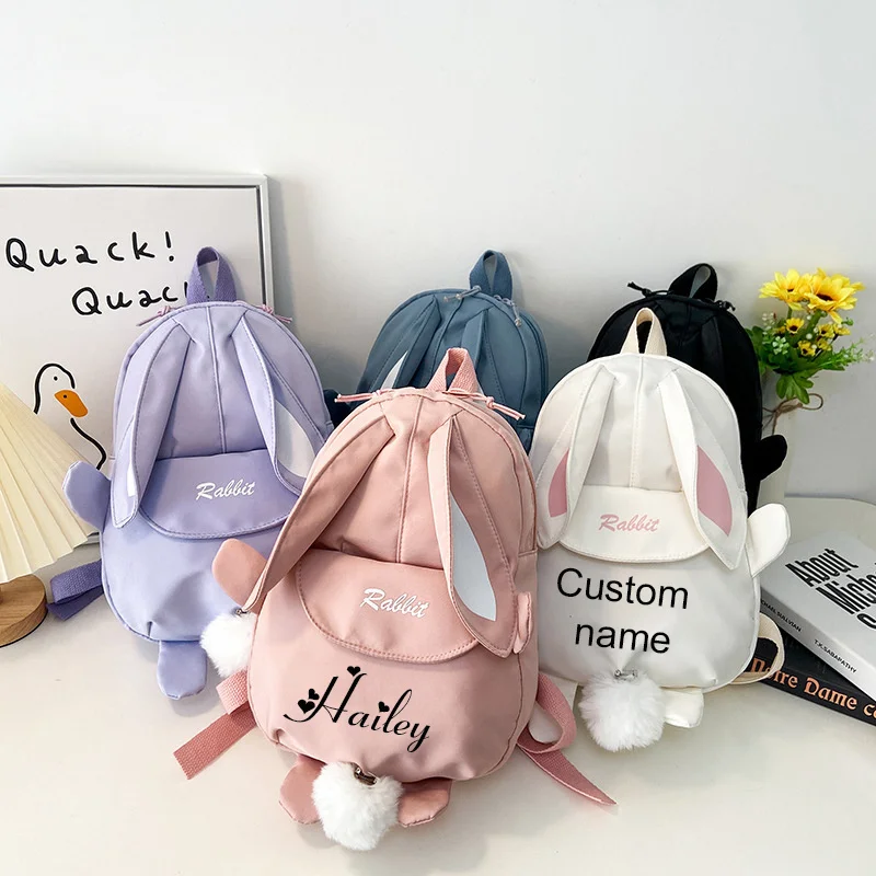 

Personalised Kawaii Bunny Backpack for Girls with Cute Rabbit Ears and Fluffy Bear Pendant School Bookbag for Kids