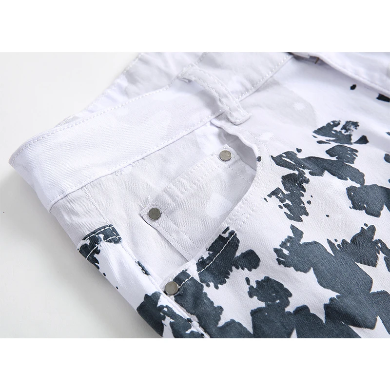 New Mens Streetwear Jeans Fashion Print Straight Jeans White Causal Slim Denim Pants High Street  Denim Trousers For Men 2023