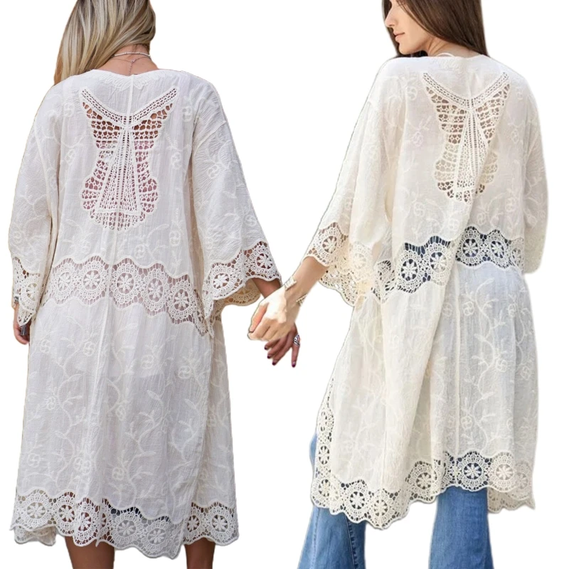 

41QC Women Summer Long Sleeve Open Front Kimono Cardigan Hollow Crochet Splicing Floral Embroidery Swimsuit Beach Cover Up
