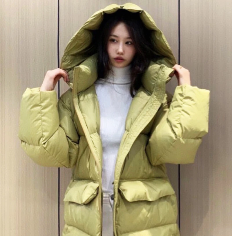 

Korean Fashion Overcoat FemaleWarm Grey Duck Down Mid-length Loose Casual Oversized Hooded Winter Down Puffer Jacket Women Coats