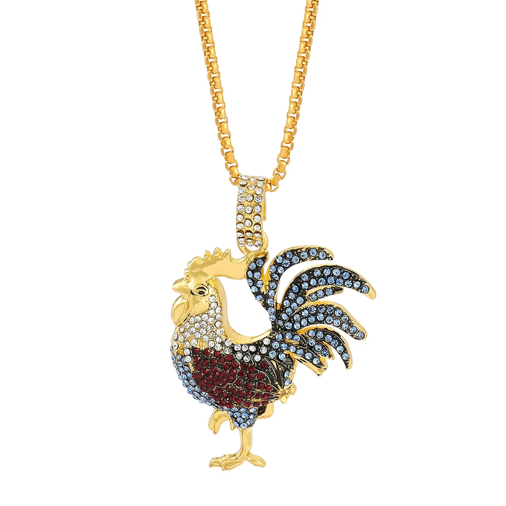 

Hip Hop Rhinestones Paved Gold Color Chicken Cock Rooster Pendants Necklace for Men Jewelry Accessories Gift