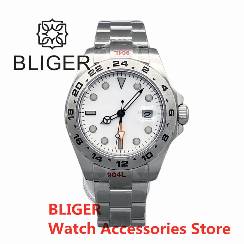 

Мужские автоматические часы BLIGER, серебристый цвет, цвет флуоресцентный, циферблат 40 мм/43 мм NH34A(GMT) DG3804(GMT), браслет из нержавеющей стали, сапфировое стекло