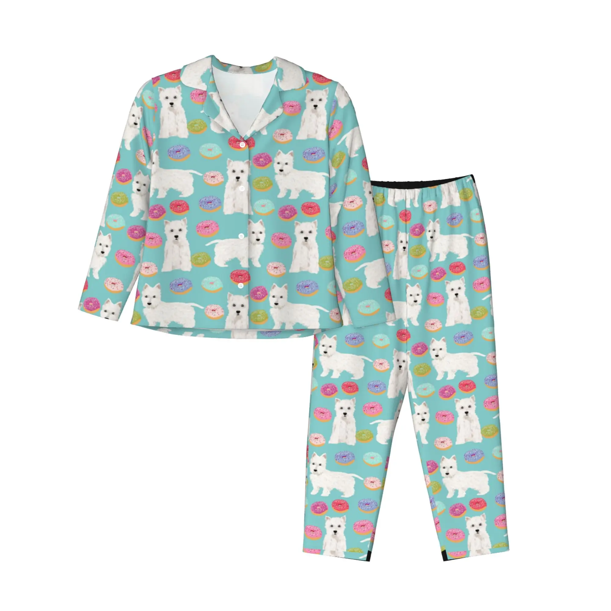 

Westie Donuts Terriers Pajamas Set Long Sleeve Sleepwear Womens Button Down Nightwear Pj Sets