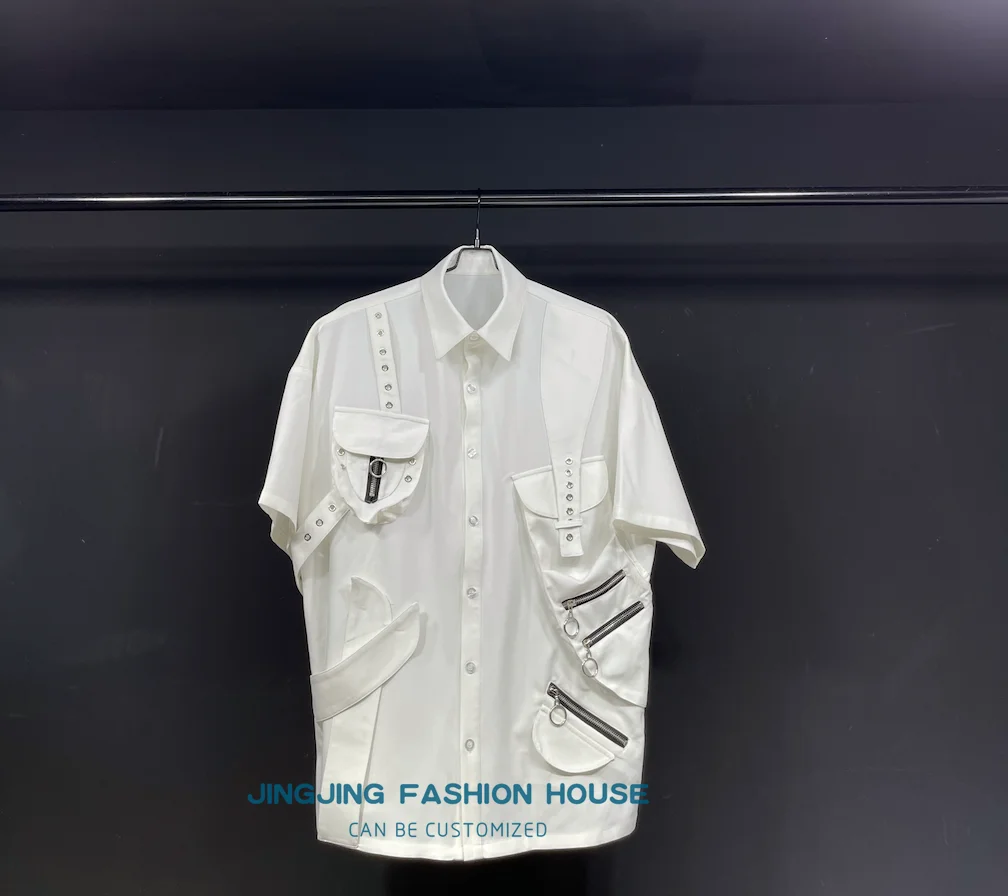 2022 men's original design three-dimensional pocket short sleeve paratrooper function white shirt air eye shirt new