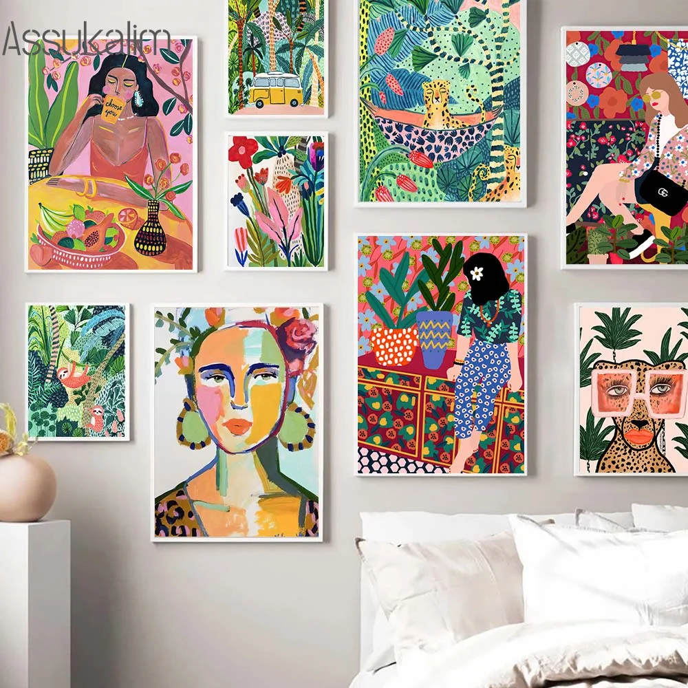 

Постеры с тропическими растениями, цветные постеры с изображением девушки, абстрактные леопардовые постеры и принты, нишевые настенные кар...