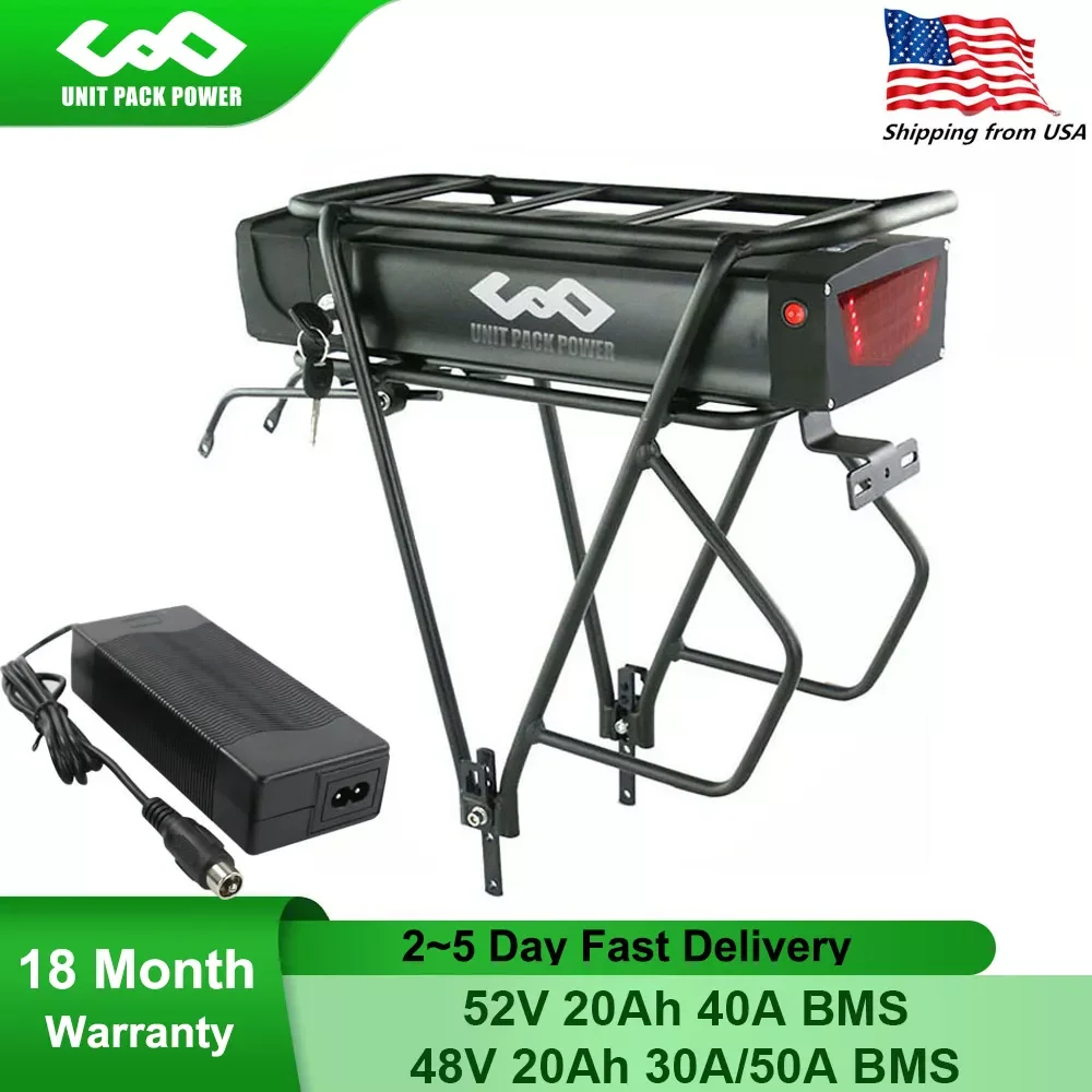 

48V 20Ah 52V 20Ah eBike Battery With Rear Rack for 750W 1000W 1500W 1800W Motor Electric Bicycle Removable Lithium Battery Pack