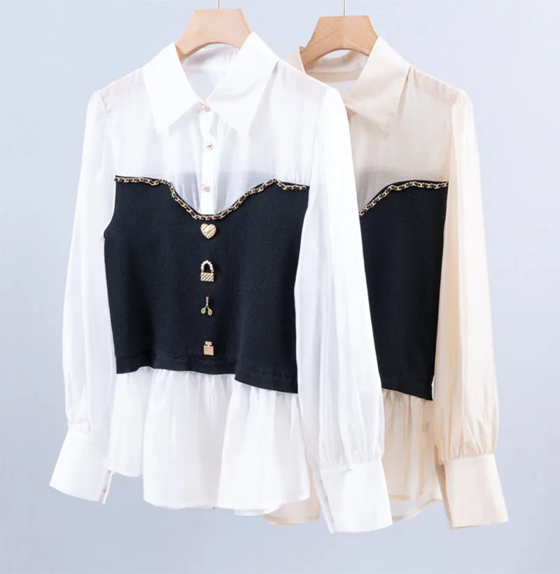 Spring Autumn France Style Women's High Quality Knitted Patchwork Shirts Blouses F062