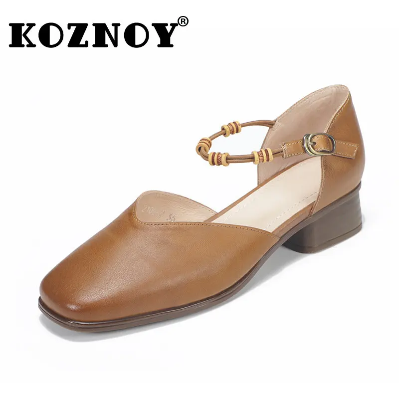 

Koznoy 3.5cm Natural Genuine Leather Shallow Summer Women Fashion Round Toe Slip on Buckle Soft Work Sandal Slippers Party Shoes