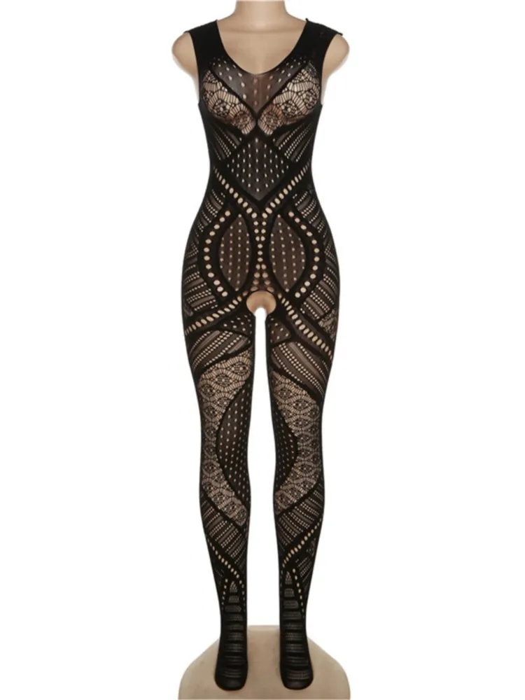Женский кружевной комбинезон с открытой спиной черный прозрачный без рукавов