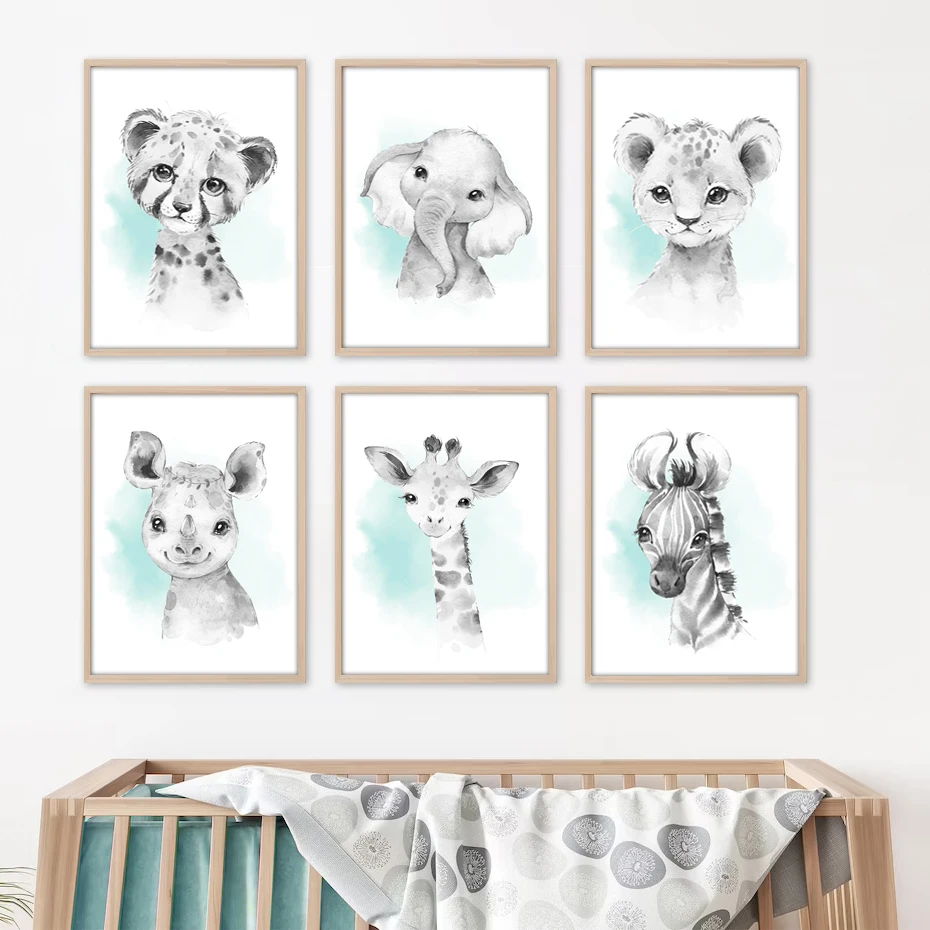 

Cartoon Lion Elephant Customized Baby Name Watercolor Posters Canvas Painting Wall Art Print Pictures Kids Boy Room Home Decor