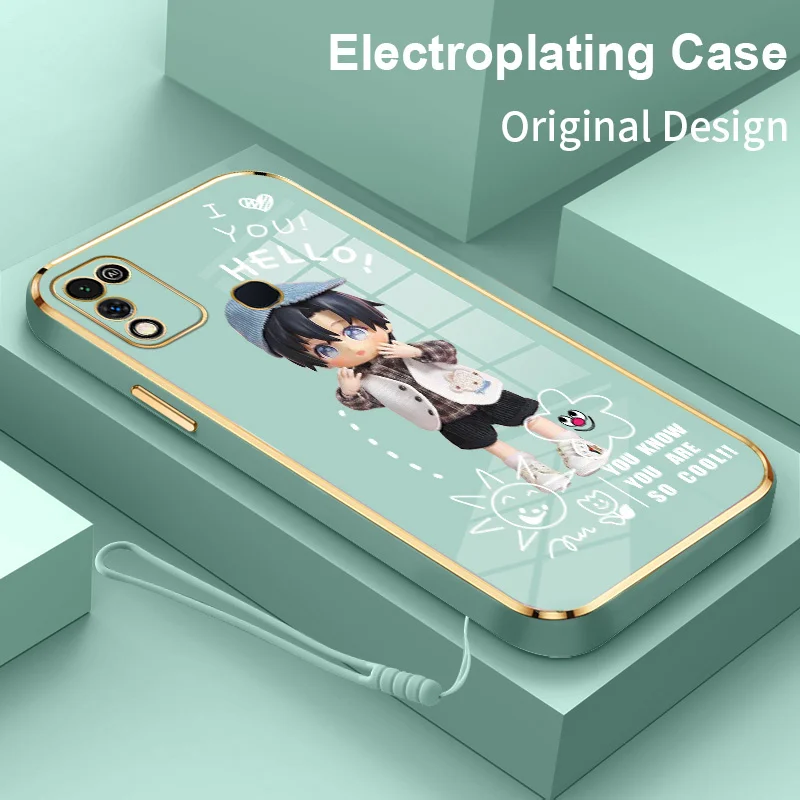 

Cartoon Boy Girl Couple Electroplating Soft TPU Case for Infinix Hot 10 11 Play Luxury Golden Edge phone Back Cover