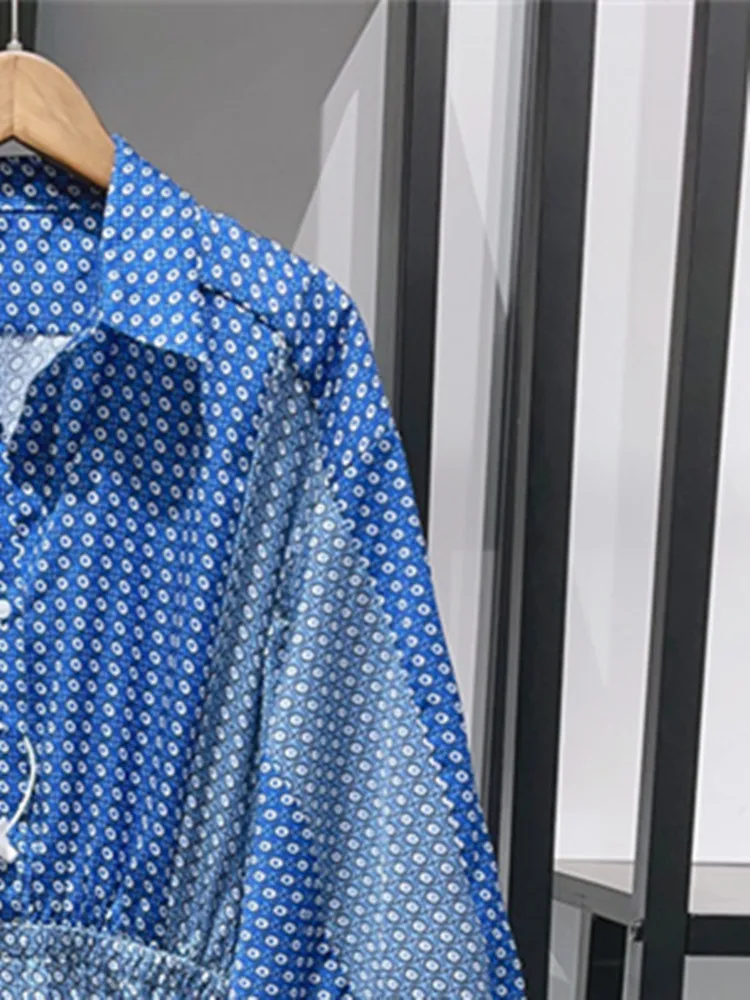 

Summer 2023 Women Dot Print Dress Stitching Turn-down Collar Long Sleeve Front Buttons Retro Female A-line Mini Robes