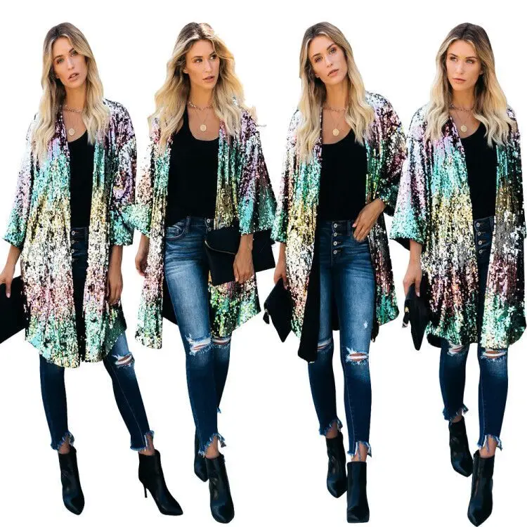 

Wholesale Items Coloful Open Sparkling Sequined Long Coats Womens Cardigan Tops 2021 Spring Woman Jacket