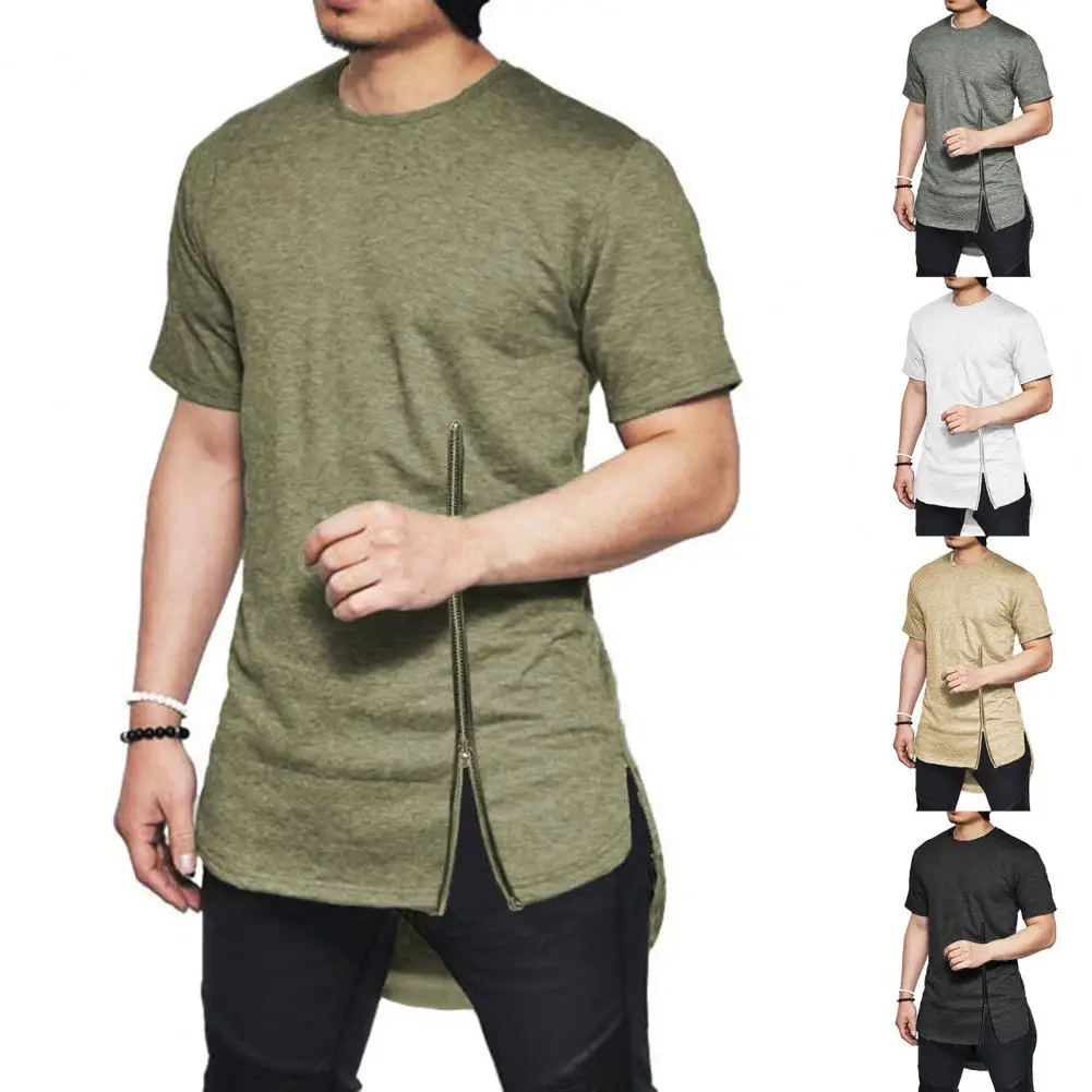 

Футболка мужская однотонная с круглым вырезом, простой пуловер с Боковым Разрезом, топ с закругленным подолом и коротким рукавом, подходит ...