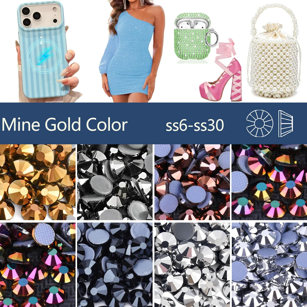 Фото Стразы горячей фиксации Mine Gold, 288/1440 шт., стеклянные, с плоским дном, для рукоделия, одежды, термоклеевые №1