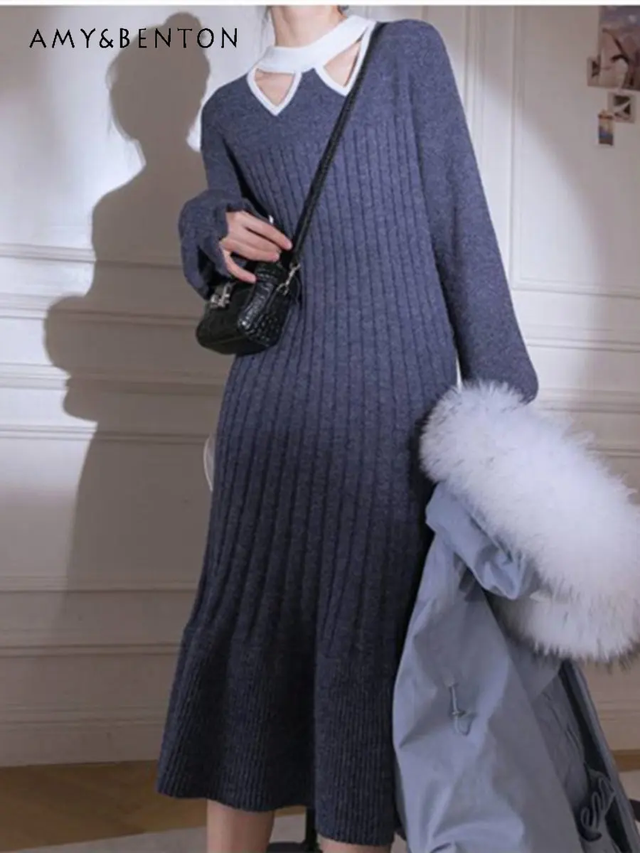 

Женское трикотажное платье средней длины, элегантное вязаное платье во французском стиле с длинными рукавами, свитер в стиле богини на осень и зиму